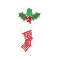 sock christmas decorative with leafs and seeds vector