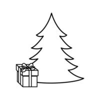 pine tree christmas with gift box line style vector