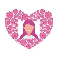 head woman in heart shape frame of flowers vector