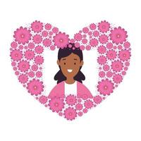 head woman afro in heart shape frame of flowers vector