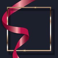 Pink Ribbon and Golden Frame on Dark Background. Vector Illustration