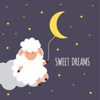 Cute little sheep on the night sky. Sweet dreams. vector illustration