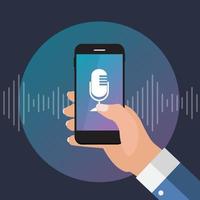 Hand with mobile phone with microphone button vector