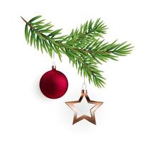 Christmas decorations. Fir tree branch with ball. Vector Illustration