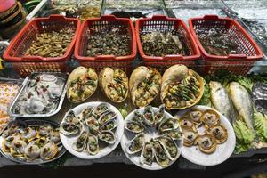 Gourmet mixed fresh seafood on display at Xiamen street market China photo