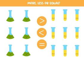 More, less, equal with cute test tubes. Math comparison. vector