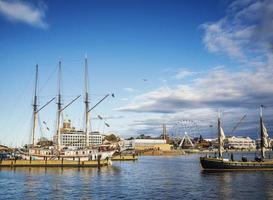 Old wooden sailing boats in Helsinki City Central Harbor Port Finland