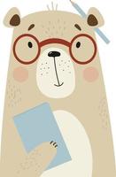 lindo oso inteligente con gafas, un libro y un lápiz detrás de la oreja
