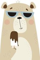 lindo oso con gafas de sol comiendo helado vector