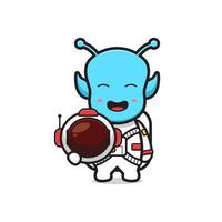 Cute alien wearing astronaut suit cartoon icon illustration vector