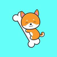 Cute shiba inu hug on bone cartoon icon illustration vector