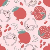 Hand drawn seamless pattern of garnet, pomegranate on pink background. vector