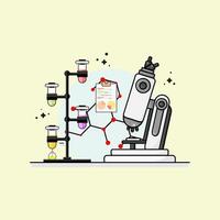 flat design laboratory with four test tubes and a microscope vector