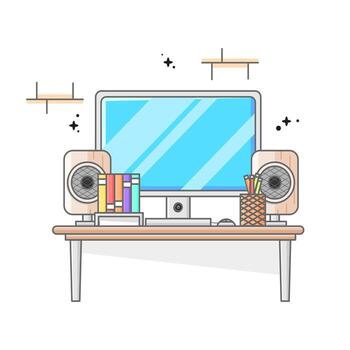 illustration computer desktop on the table with two sound system vector