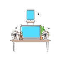 illustration laptop and mobile device on the table with sound system vector