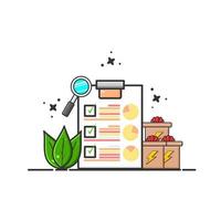 Ilustración lista de productos con lupa y paquete de tres cajas vector