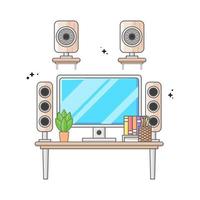 Ilustración de escritorio de la computadora sobre la mesa con cuatro sistemas de sonido vector