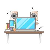 Ilustración portátil sobre la mesa y dispositivo móvil con sonido. vector