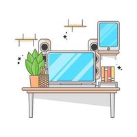 illustration laptop on table and mobile device with sound vector