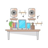 dos dispositivos móviles con dos sistemas de sonido en los libros anteriores flor vas vector