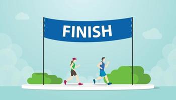 marathon run with men and woman running on finish banner vector