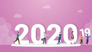 Cambio de año nuevo 2020 a partir de 2019 con gente de negocios de pie vector