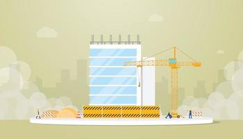 building construction development with team worker engineer and crane vector