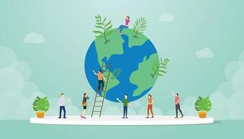 ecology world environment concept with people and world tree growth vector