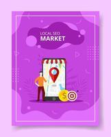 local seo market men stand front giant smartphone pointer location vector