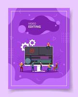 video editing people coworking on computer for template of banners vector