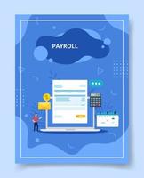 payroll in display laptop screen men standing nearby for template vector