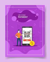 qr code payment man stand near big smartphone vector