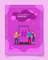 Social media hashtag people standing front smartphone vector