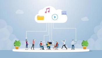 cloud computing technology with various people save data vector