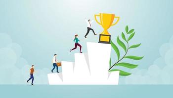 success race business competition with big gold trophy on hill stairs vector