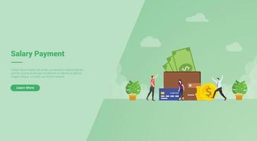 Salary payment people very happy earning money in big wallet campaign vector