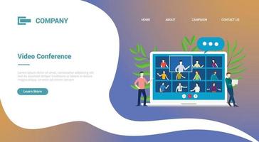 video conference with laptop and team talks for website template vector