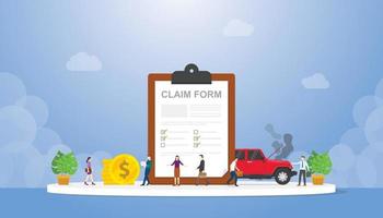 claim form on the clipboard with team people and car crash vector