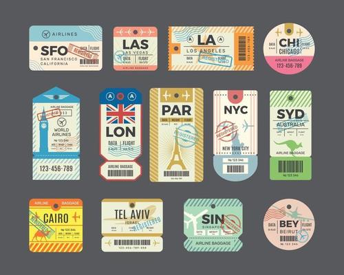 Traveling old tickets flight labels stamps for luggage