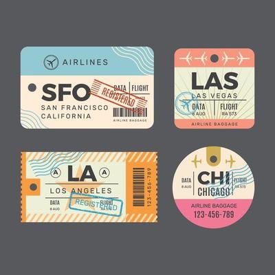 Traveling old tickets flight labels stamps for luggage