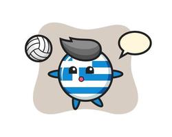 personaje de dibujos animados de la insignia de la bandera de grecia está jugando voleibol vector