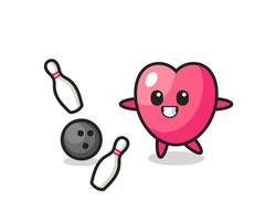 personaje de dibujos animados del símbolo del corazón está jugando a los bolos vector