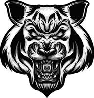 black and white illustration of angry tiger head with shadow effect vector