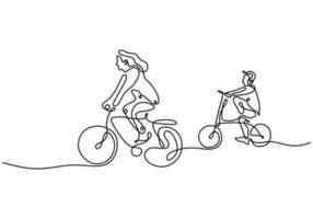 One continuous line drawing of mother riding bicycle with her child vector