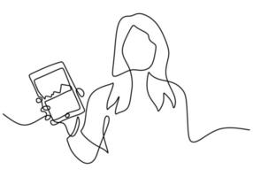 Continuous one line drawing of young girl holding touchpad vector