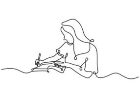 Continuous one line drawing of a young woman taking some notes vector