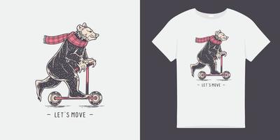 T shirt illustration with bear riding scooter. bear scooter vector