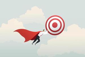 Super hero businessman holding a target flying to sky success goals. vector