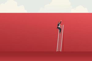 Businessman cannot climb a ladder over a wall for career growth. vector