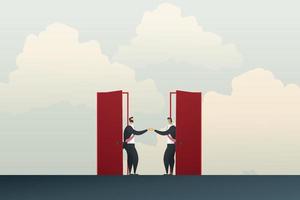 Business people shake hands through two doors Agreed. vector